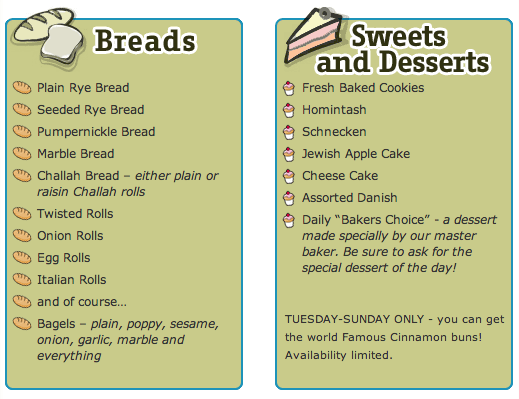 A list of breads, sweets, and desserts.