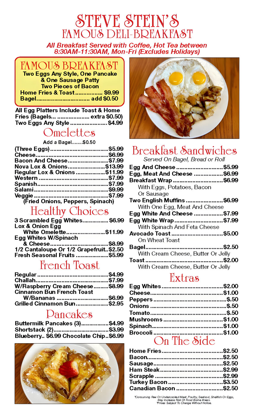 Breakfast menu with items like omelettes, breakfast sandwiches, and sides. Prices range from $0.50 to $10.99. Image of dishes with eggs, bacon, and pancakes.