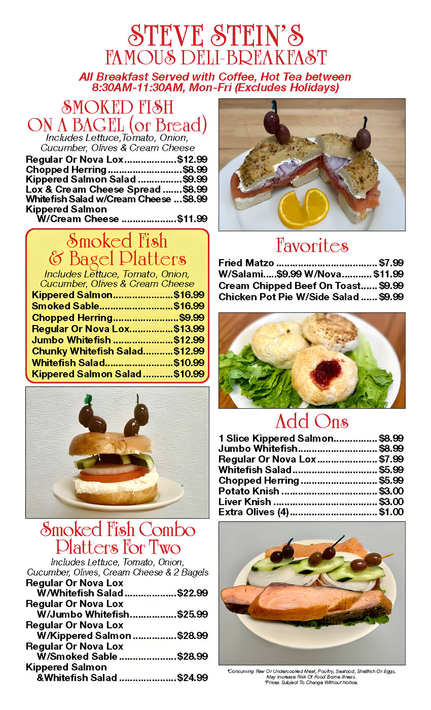 Menu featuring various deli breakfast items including smoked fish on bagels, platters for one or two, favorites, and add-ons. Options range from $1.99 to $24.99.