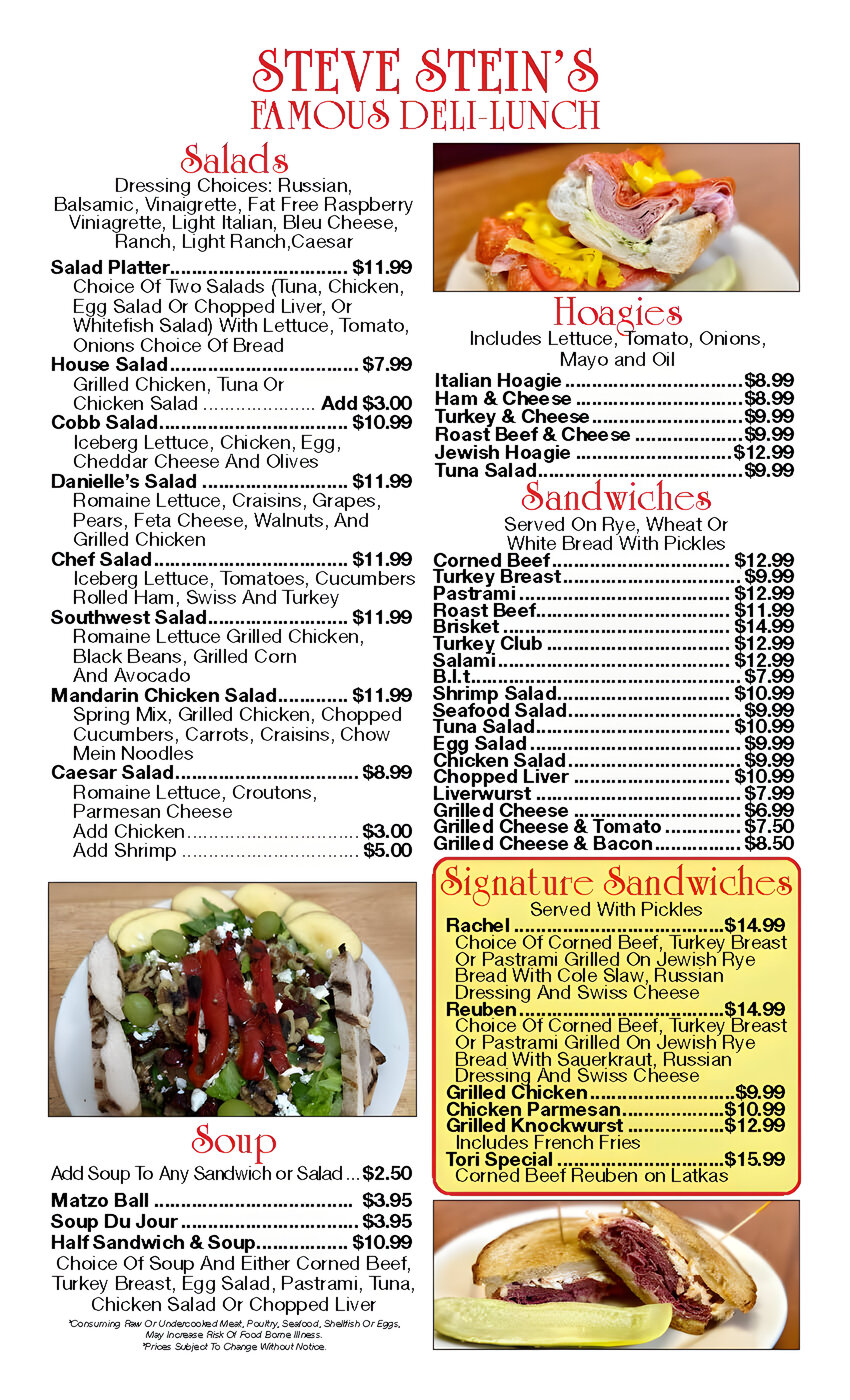 Menu from Steve Stein’s Famous Deli-Lunch featuring salads, hoagies, sandwiches, soups, and signature sandwiches with prices listed beside each item.