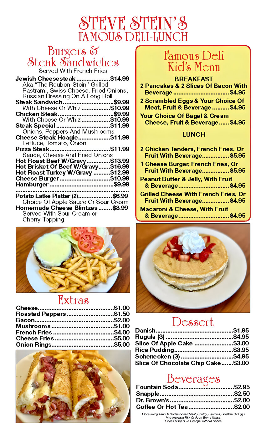 Menu for Steve Stein's Famous Deli-Lunch featuring burgers, sandwiches, kids' meals, extras, desserts, and beverages with prices and options listed.