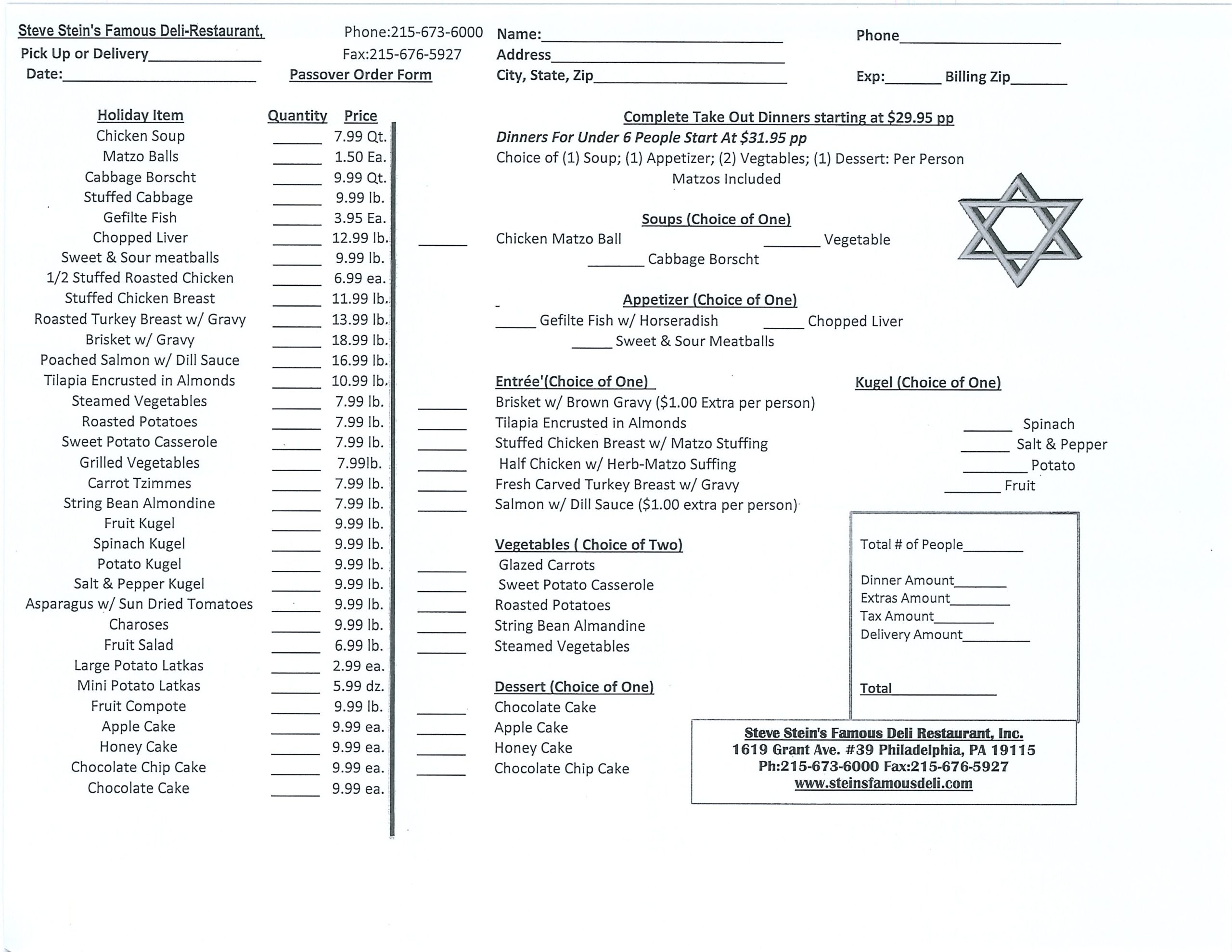 Passover menu order form with items like holiday chicken soup, brisket, and matzo stuffing. Includes options for soup, dessert, and pricing details. Contact and address information provided.