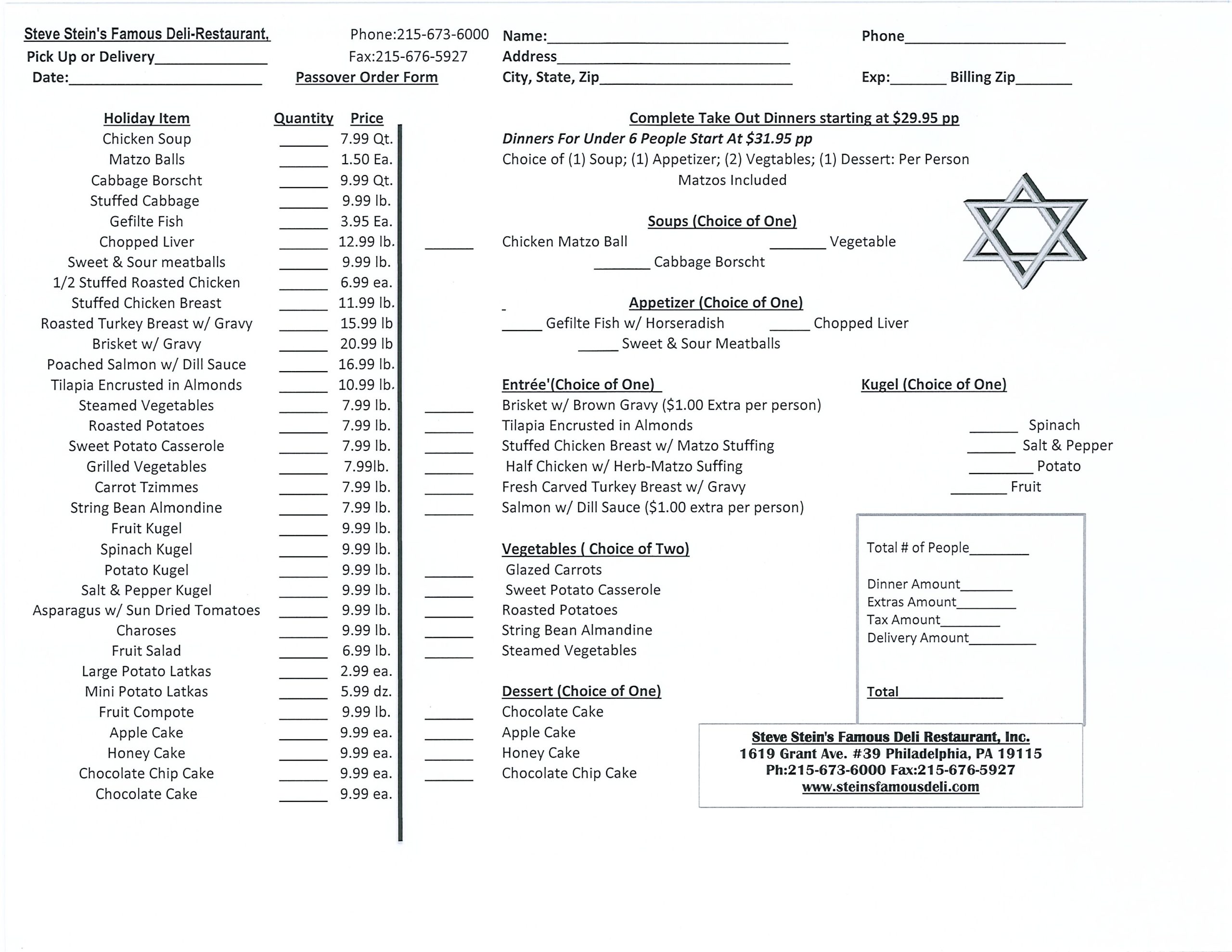 Order form for Steve Stein's Famous Deli Restaurant featuring a list of holiday items, dinner options, and prices. Sections for personal information and order details are included.