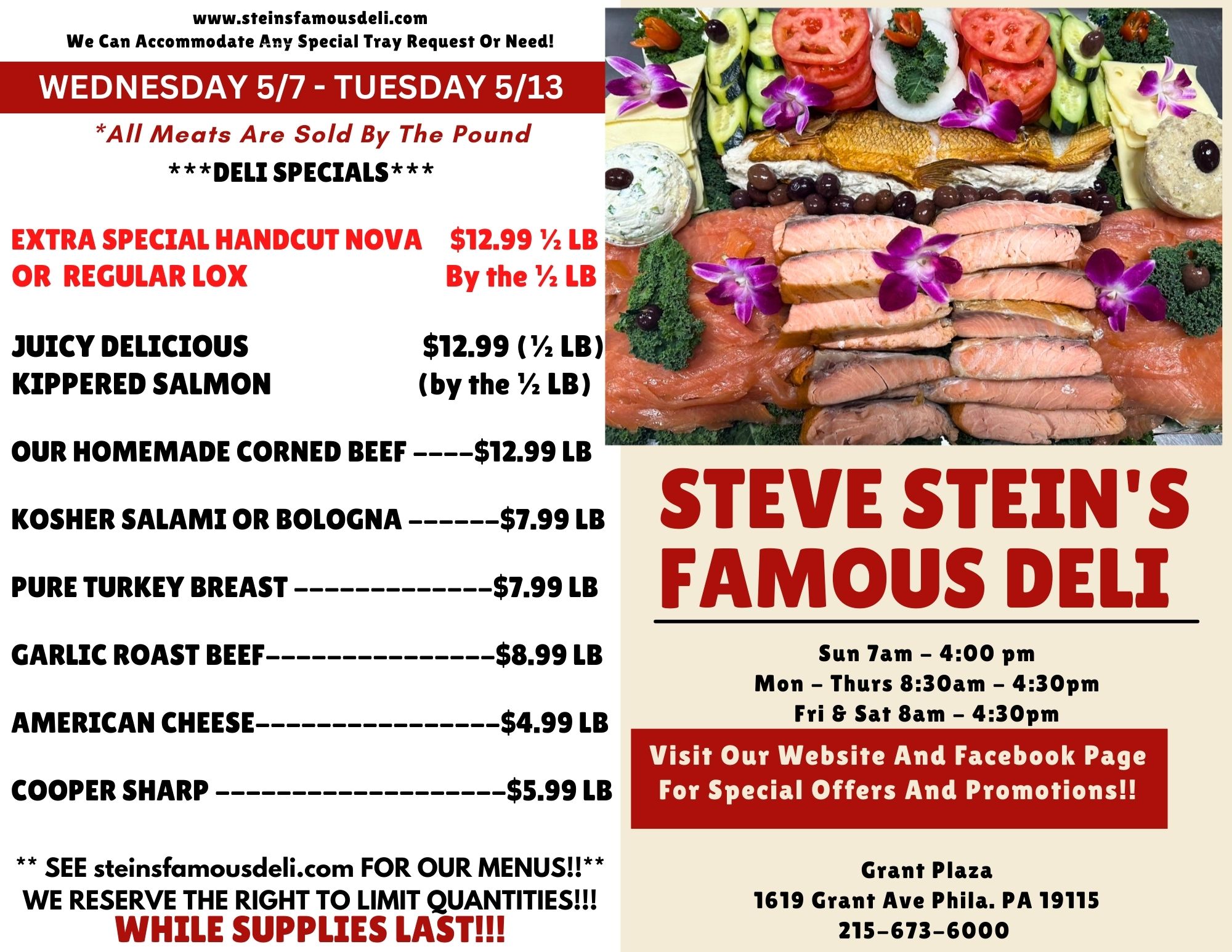 A deli menu advertisement features meat and fish specials, prices per pound, store hours, contact info, and a photo of assorted smoked fish and deli items.