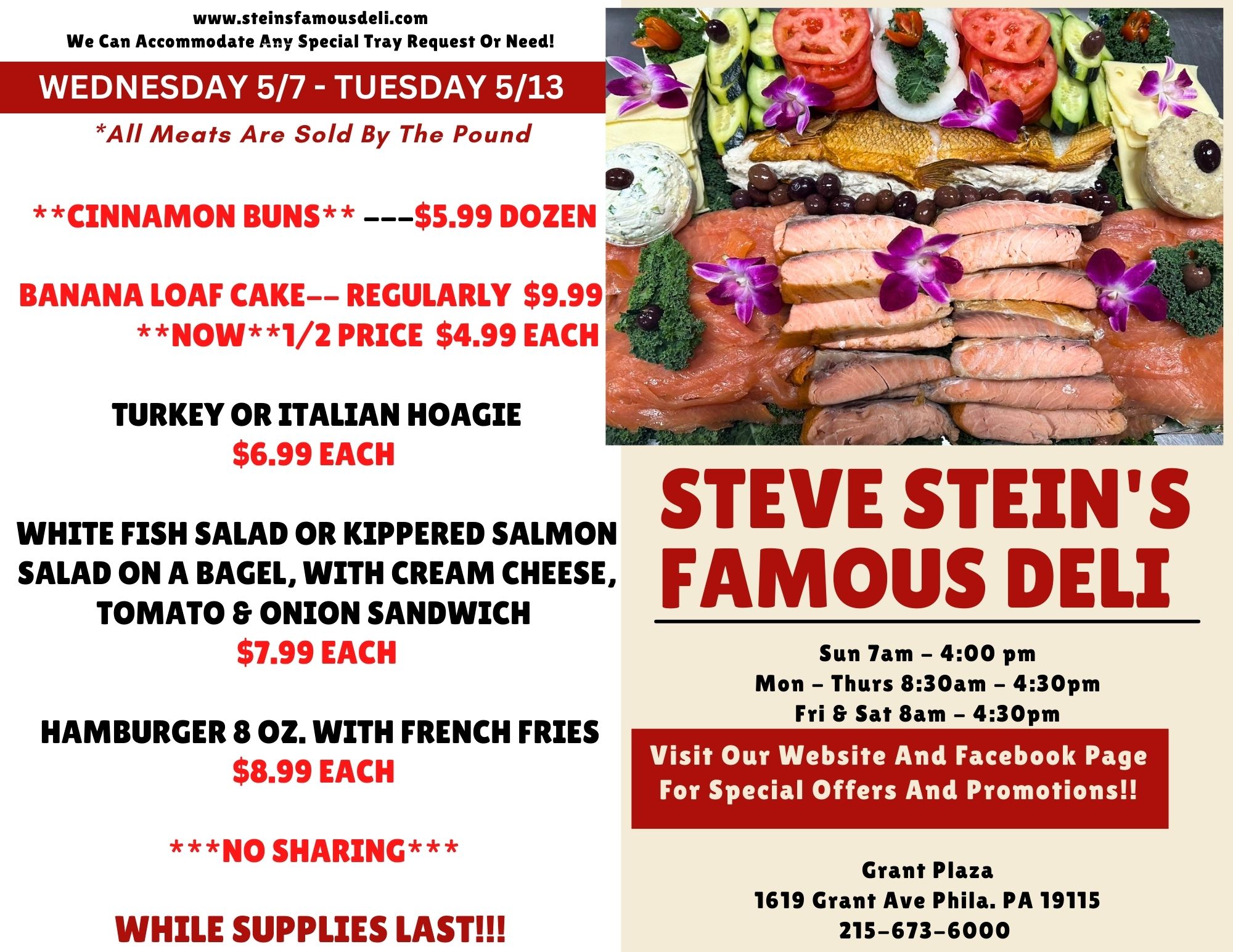 Steve Stein's Famous Deli promotional flyer with food items, prices, special offers, hours, contact info, and a deli meat platter in the background.